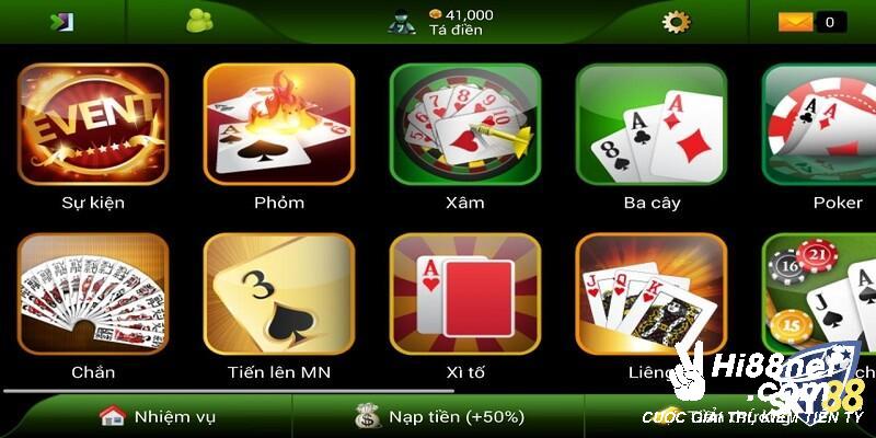 Danh mục trò chơi tại game bài Hi88